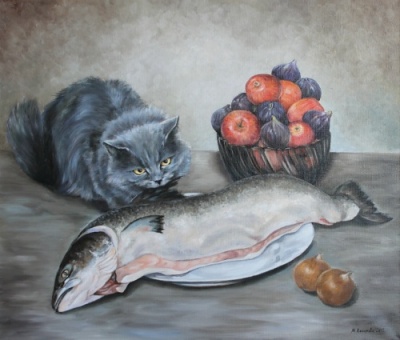 Марина Ефремова. Кошка с сёмгой. 2012. Холст, масло. 60х70 Марина Ефремова. Кошка с сёмгой. 2012. Холст, масло. 60х70