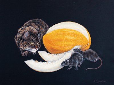 Марина Ефремова. Картина Сладкая жизнь (кошка и крысы). 2009. Бумага, пастель. 59х44