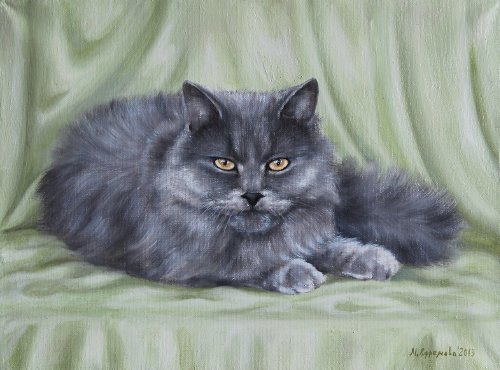 Марина Ефремова. Картина Кошка на зелёном. 2013. Холст, масло. 30х40