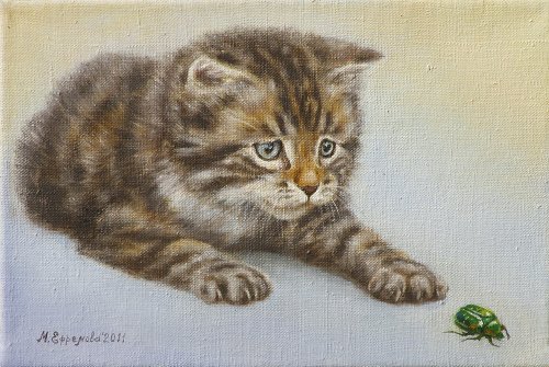 Марина Ефремова. Картина Котёнок с жуком. 2011. Холст, масло. 30х20