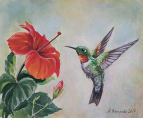Марина Ефремова. Колибри у цветка. 2017. Картон, смешанная техника. 20х30