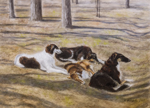 Марина Ефремова.  Перед рингом (русские псовые борзые). Этюд. 2015. Картон, смешанная техника. 30х40